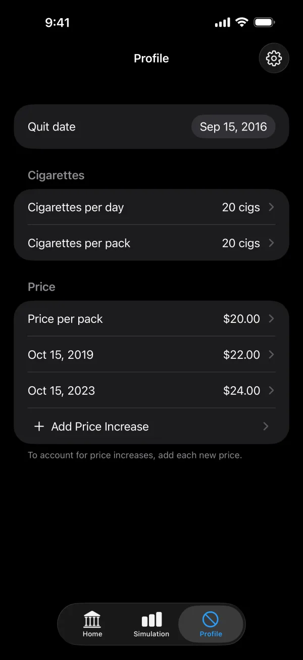 Profile screen for the quit date, cigarettes per day, pack price and price increases.