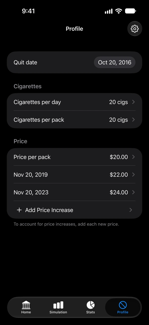 Profile screen for the quit date, cigarettes per day, pack price and price increases.